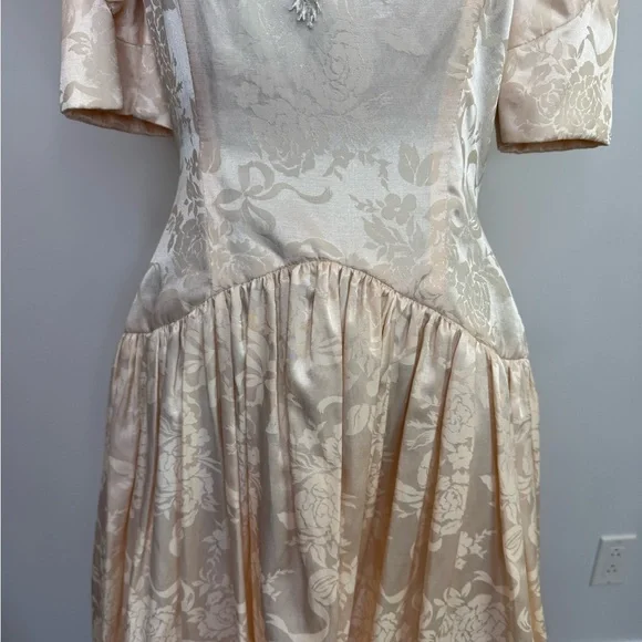 Romantic champagne vintage dress puffy sleeves lace cottagecore tulle - Picture 14 of 16